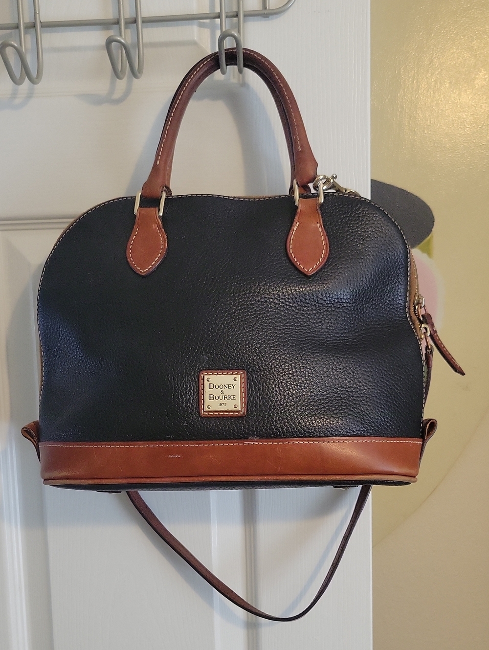 Dooney & Bourke Black Pebbled Dome Satchel, Brown Trim, Detachable Strap
